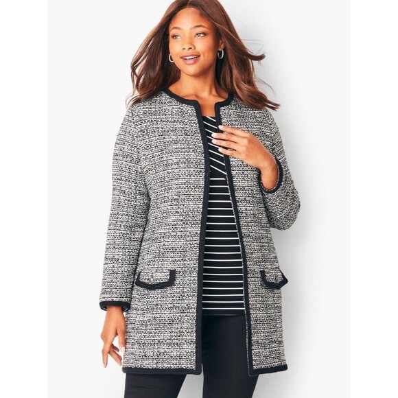Talbots Textured Tweed Open Front Cardigan Jacket Black White Women’s Size Large - Picture 1 of 10